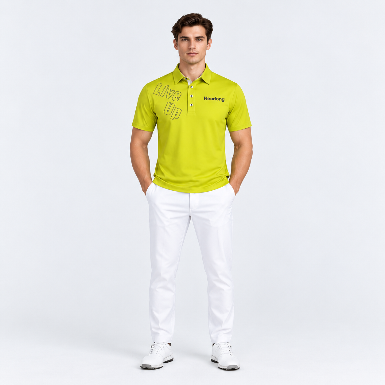 Men's lime green golf shirt full body view