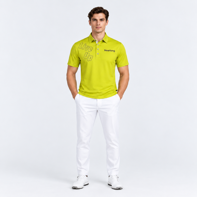 Men's lime green golf shirt full body view