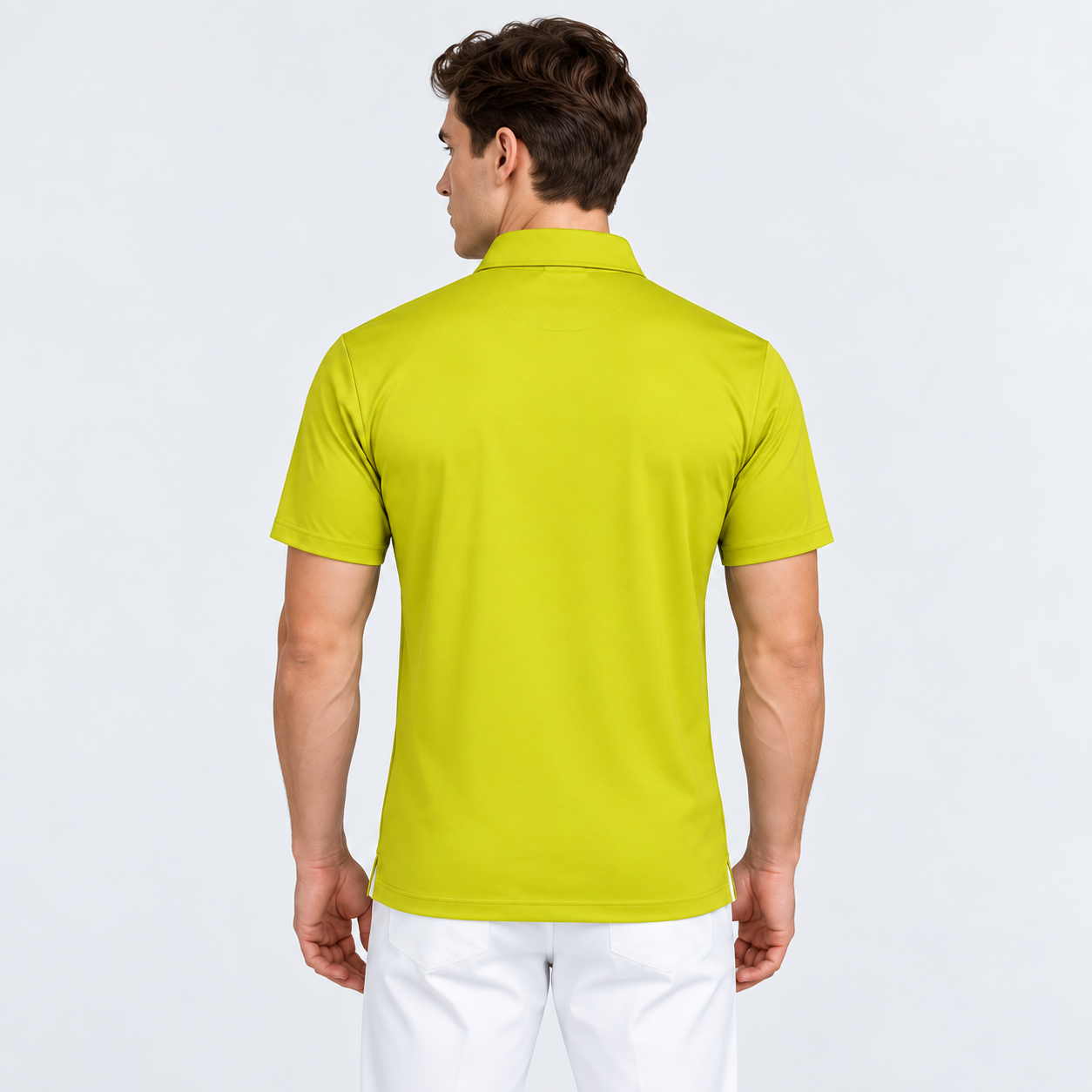 Men's bright green golf polo back view