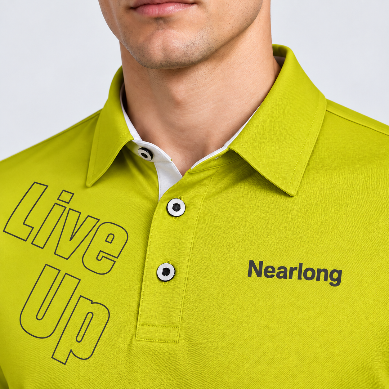 Men's lime green golf polo collar and graphic print detail
