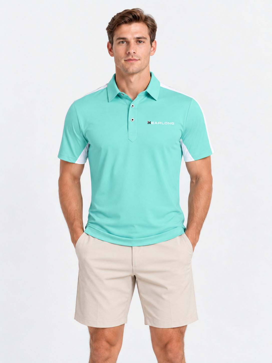 Lightweight men's mint green golf shirt close up
