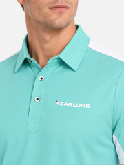 Men's mint green golf polo shirt collar and logo detail