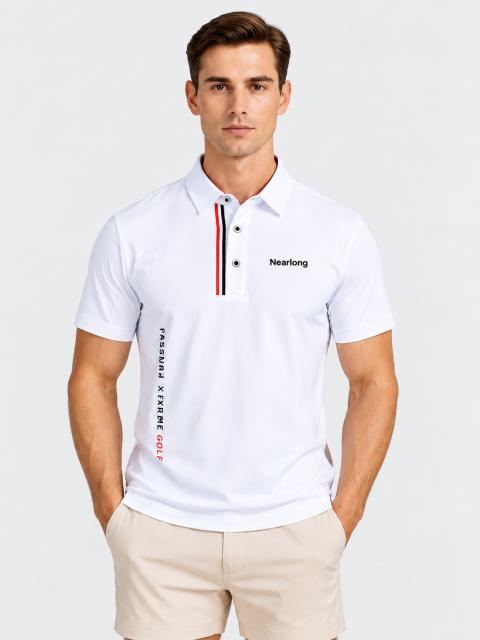 Men's white performance golf polo shirt front view
