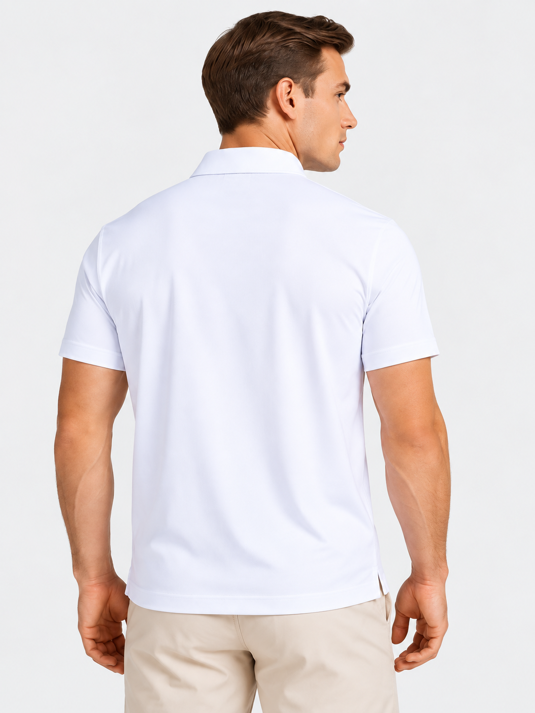 Men's white golf polo shirt back view