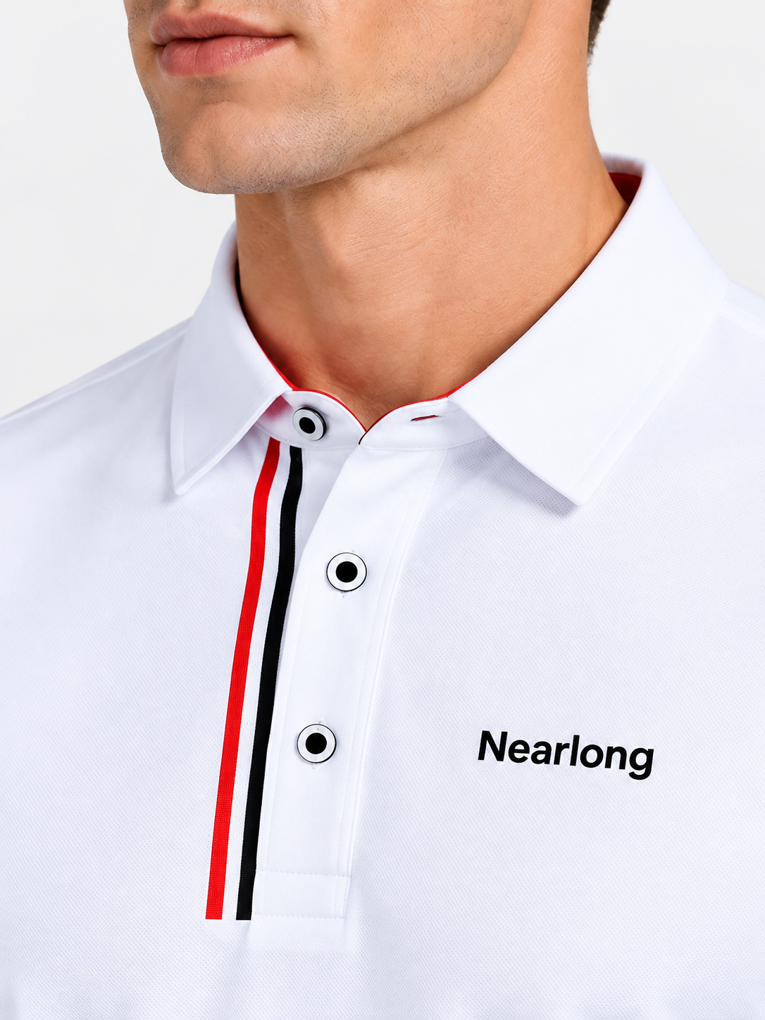 Men's white golf polo shirt collar and placket detail