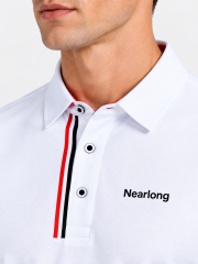 Men's white golf polo shirt collar and placket detail