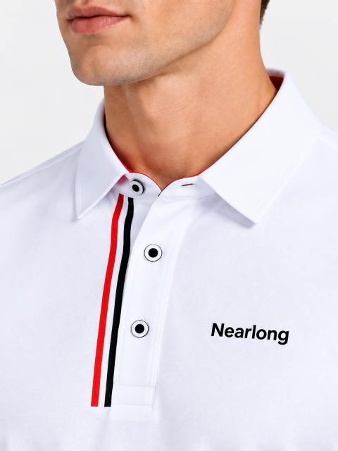 Men's white golf polo shirt collar and placket detail