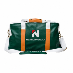 Custom golf duffel bag front view with embroidered logo and shoulder strap