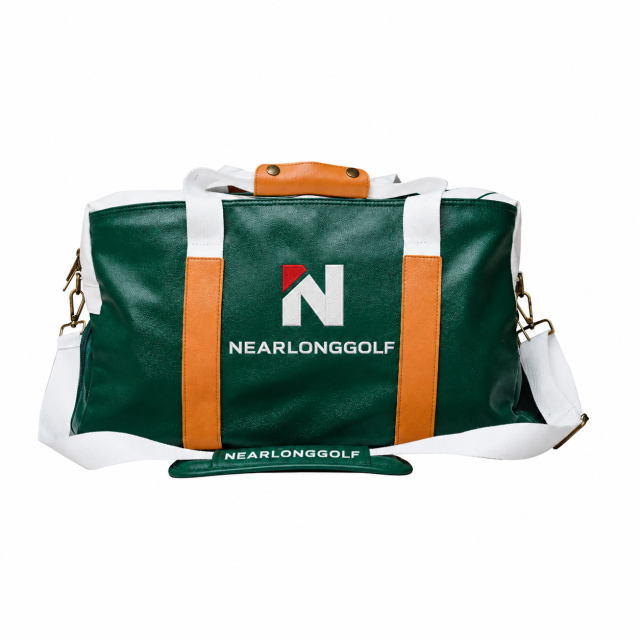 Custom golf duffel bag front view with embroidered logo and shoulder strap