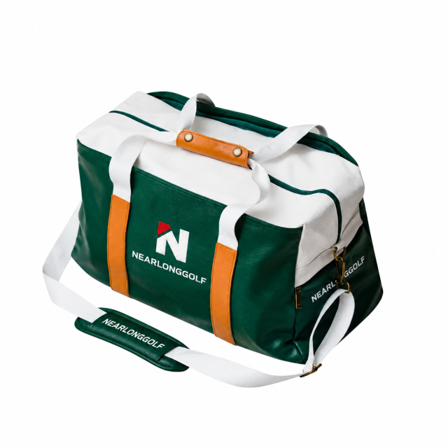 Green and white golf duffel bag with detachable shoulder strap