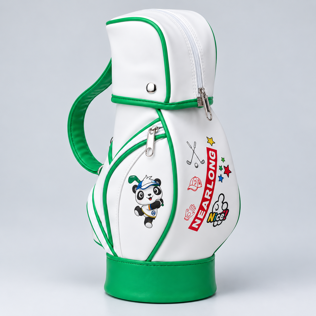 Custom junior golf carry bag with green trim and cartoon graphics