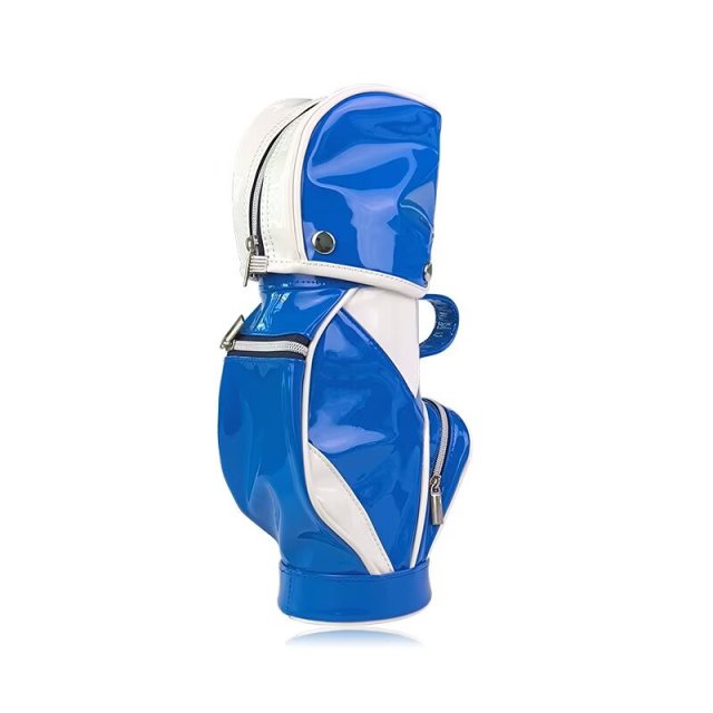 Practice golf bag with curved zipper storage and blue white panels