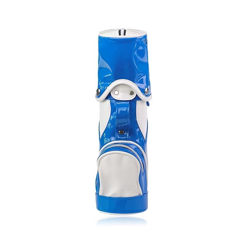 Blue driving range golf bag with front zipper storage and white trim