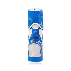 Blue driving range golf bag with front zipper storage and white trim