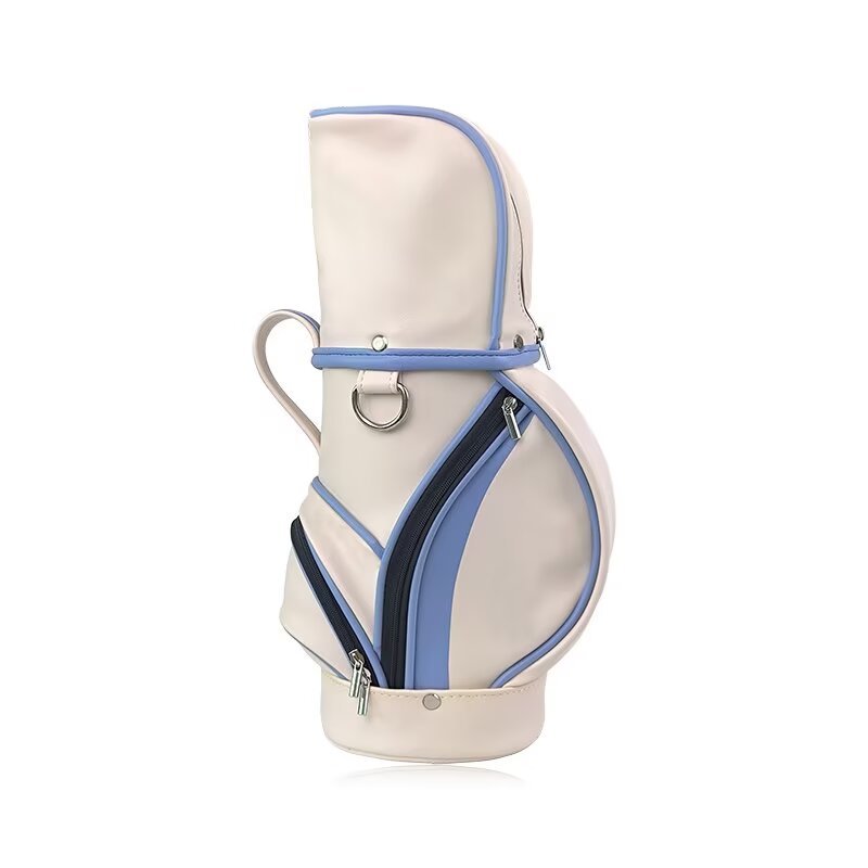 Custom lightweight pencil golf bag with cream body and blue trim