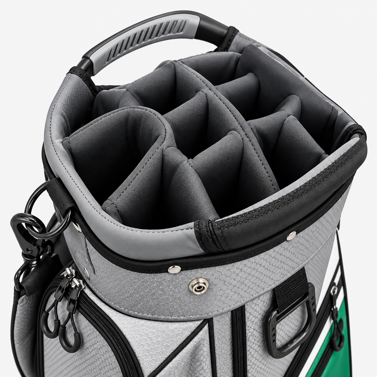 Golf bag organizer top with padded club dividers and lift handle