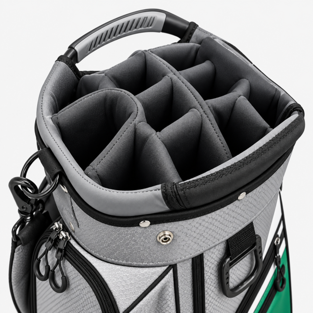 Golf bag organizer top with padded club dividers and lift handle