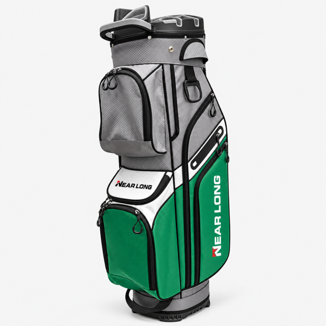 Golf cart bag with storage pockets and structured divider top