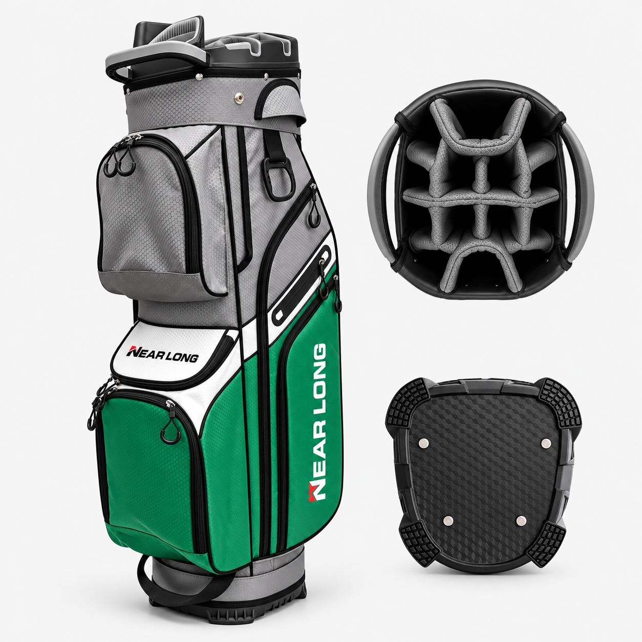 Custom multi-pocket golf bag with reinforced base and organizer top
