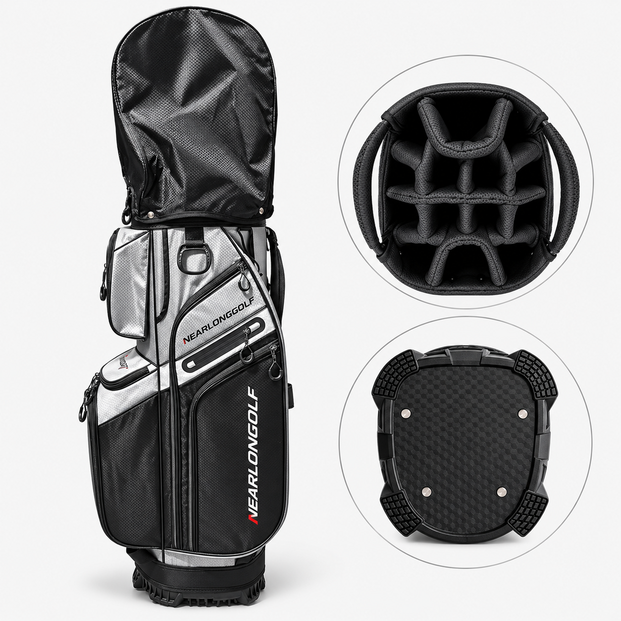 Golf bag organizer with multi-divider top and reinforced cart bag base