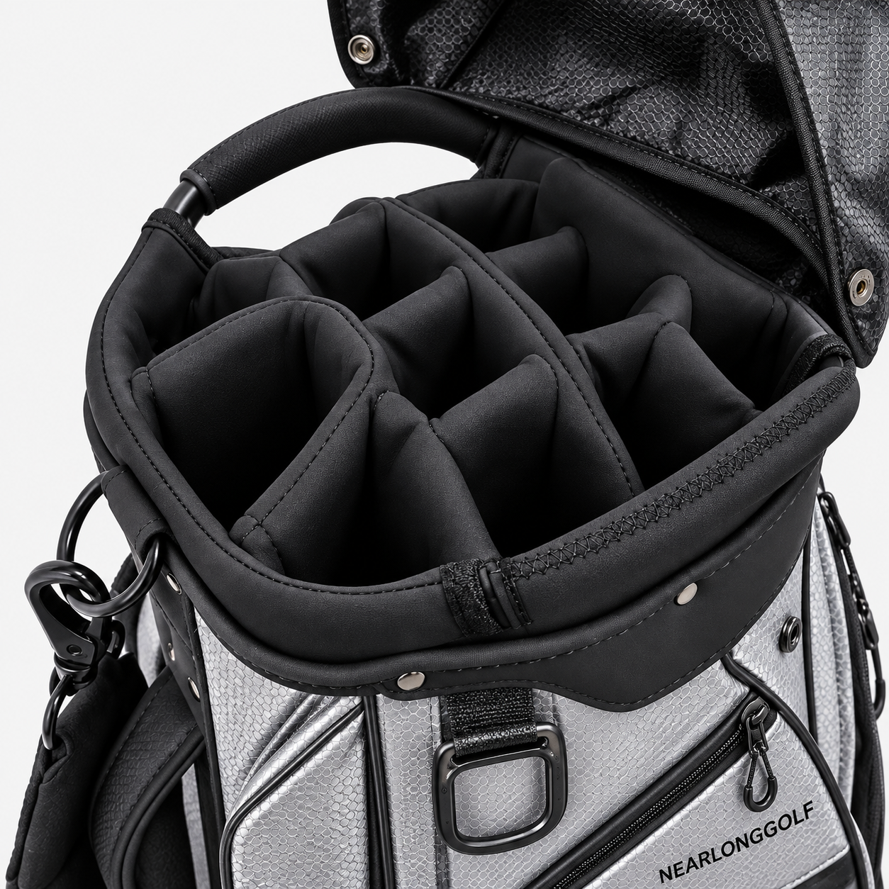 Golf cart bag padded divider top under protective rain hood