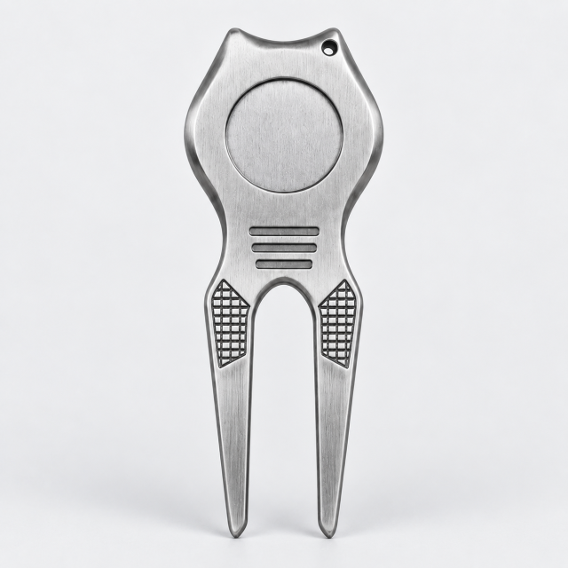Metal golf divot tool back view for custom logo and bulk orders