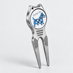 Two prong golf divot repair tool with custom ball marker