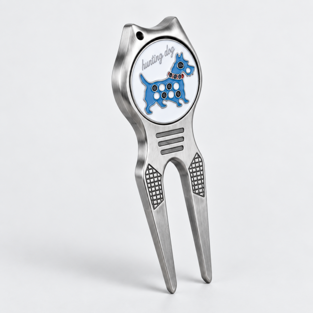 Two prong golf divot repair tool with custom ball marker