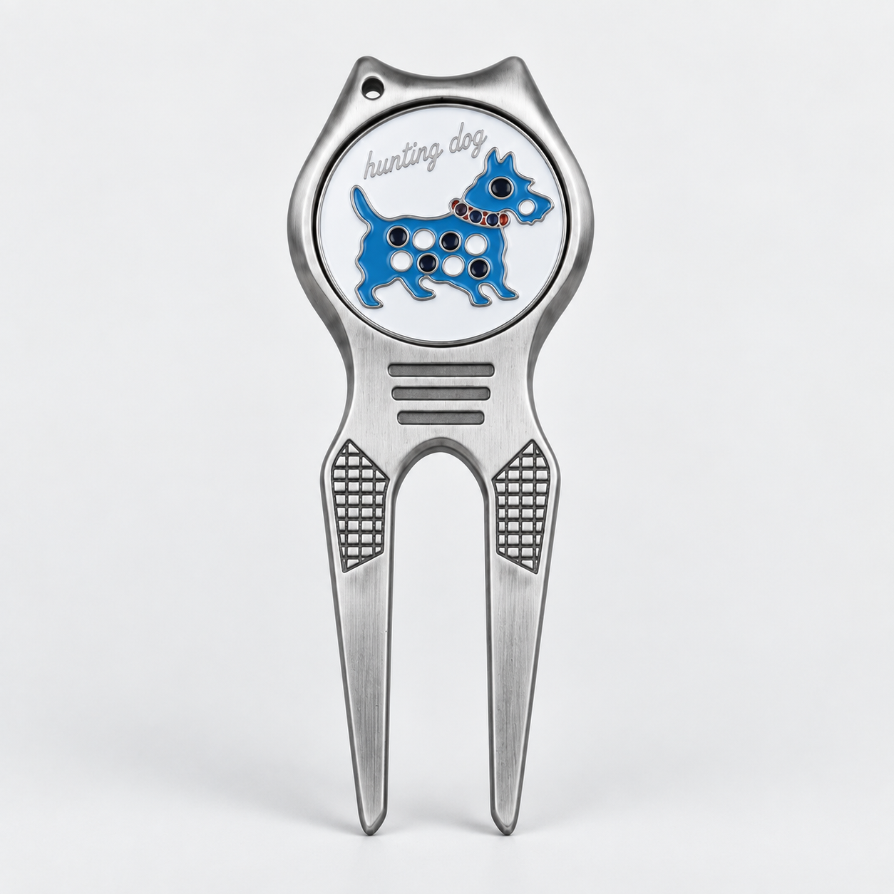 Custom metal golf divot tool with blue dog ball marker