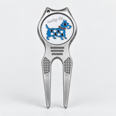 Custom metal golf divot tool with blue dog ball marker