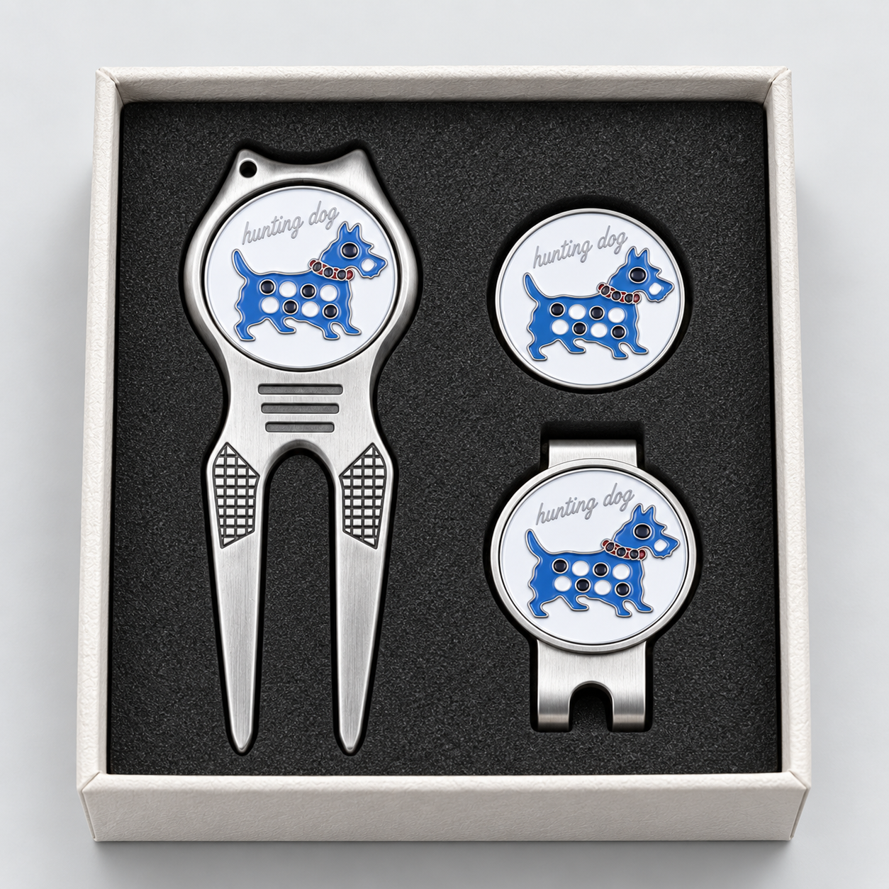 Golf divot tool with ball marker and hat clip gift set