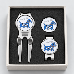 Golf divot tool with ball marker and hat clip gift set