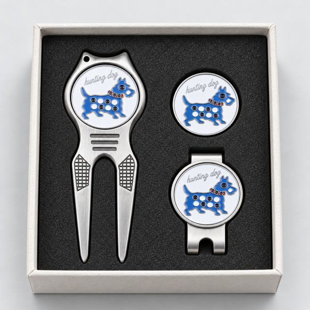 Golf divot tool with ball marker and hat clip gift set