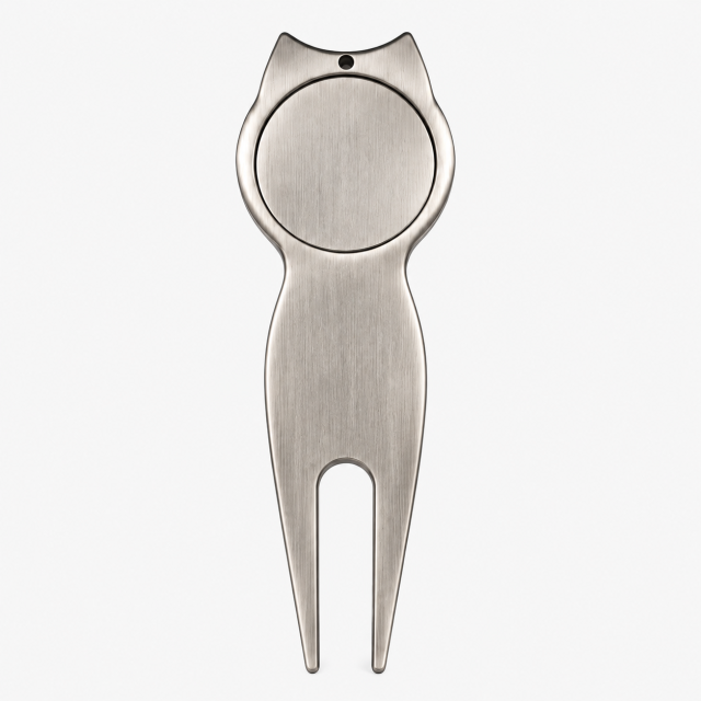Metal golf divot repair tool back view for custom logo