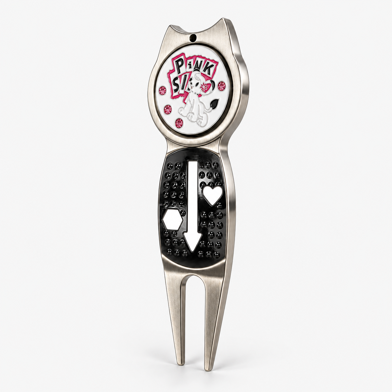 Two prong magnetic golf divot tool with custom ball marker