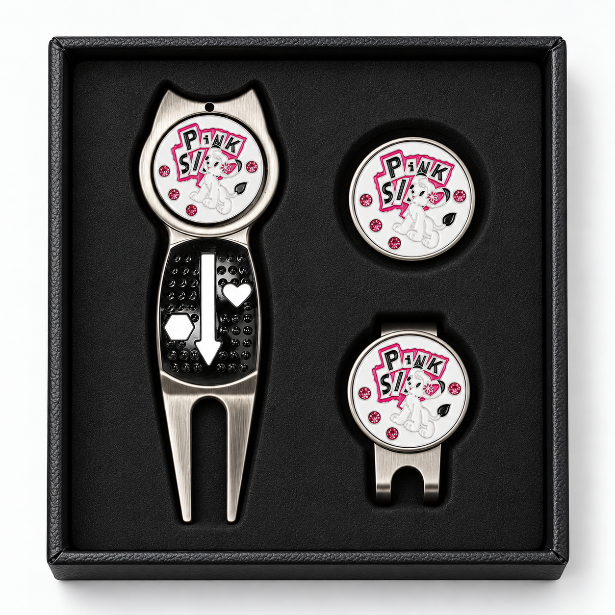 Magnetic golf divot tool gift set with ball marker and hat clip