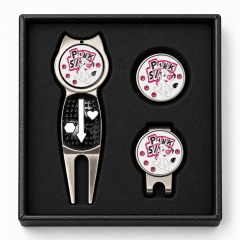 Magnetic golf divot tool gift set with ball marker and hat clip