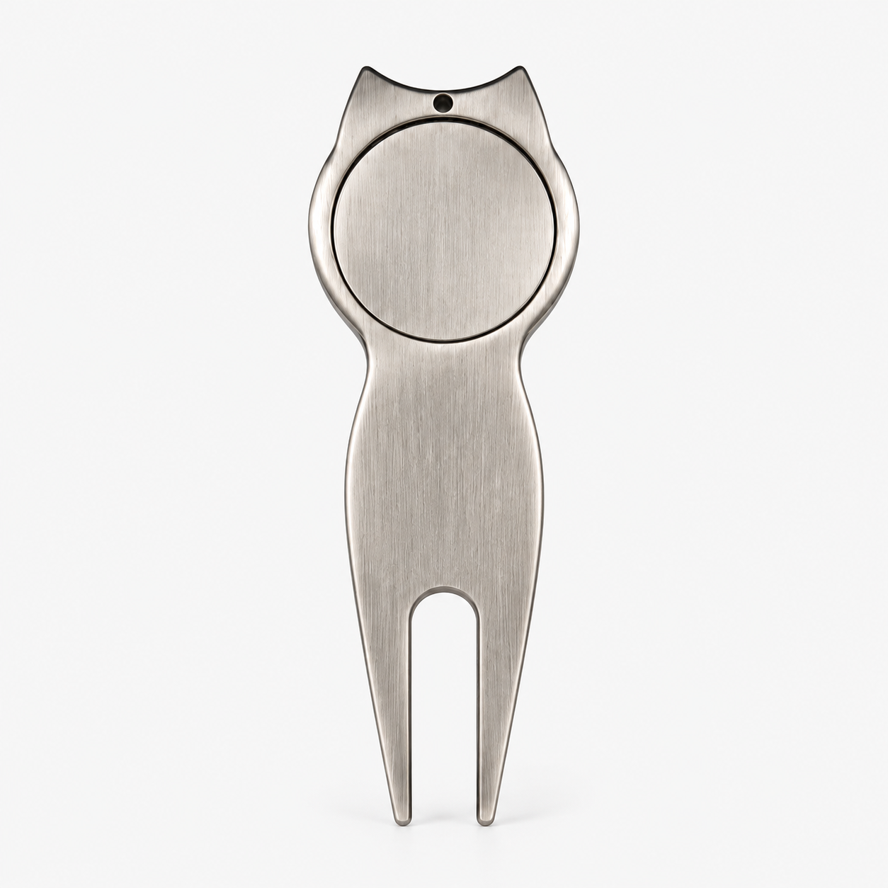 Metal golf divot tool back view for personalized logo design
