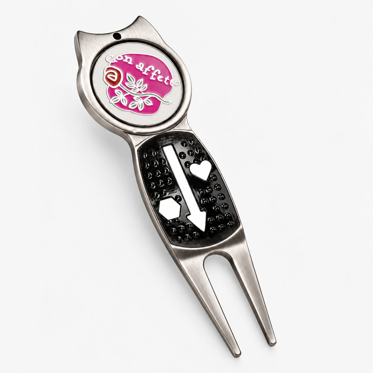 Two prong metal golf divot repair tool with ball marker