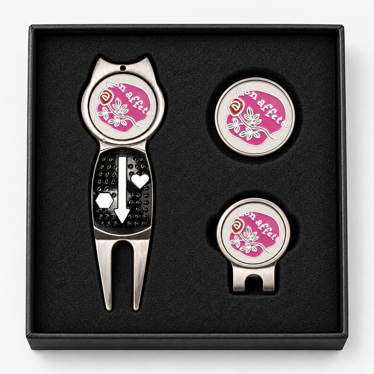 Golf divot tool gift set with ball marker and hat clip
