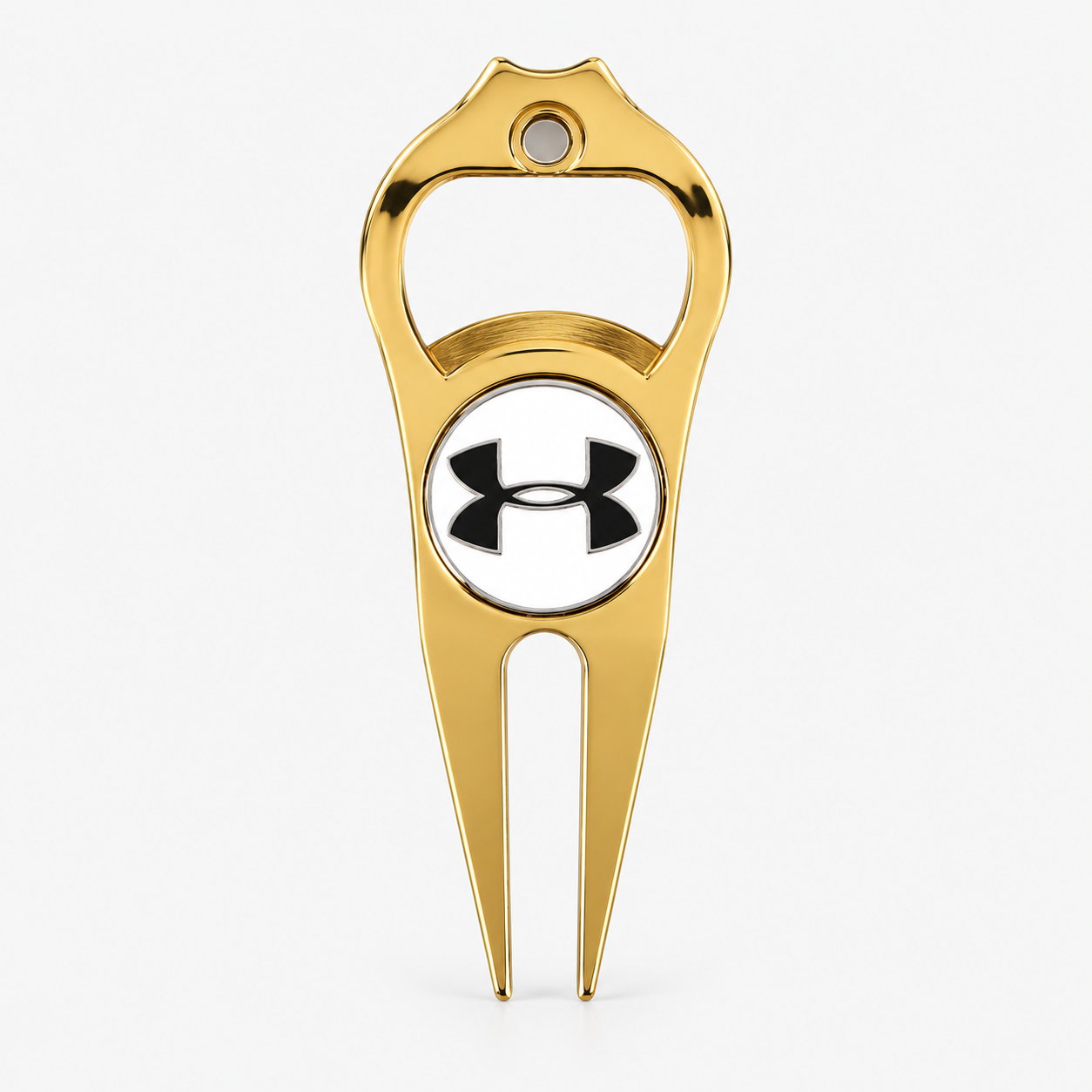Gold metal golf divot tool with bottle opener and ball marker