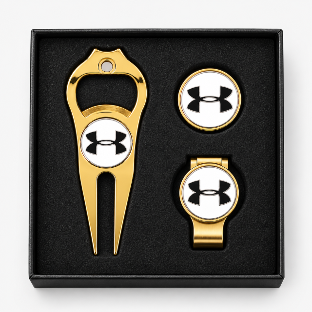 Luxury golf divot tool gift set with ball marker and hat clip