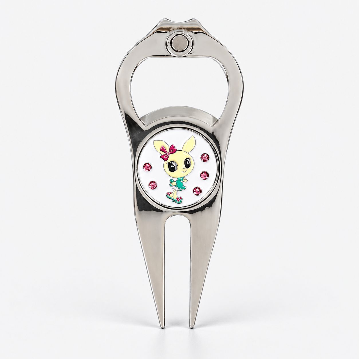 Custom golf divot tool with bottle opener and rabbit ball marker