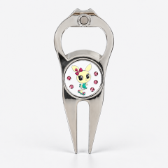 Custom golf divot tool with bottle opener and rabbit ball marker