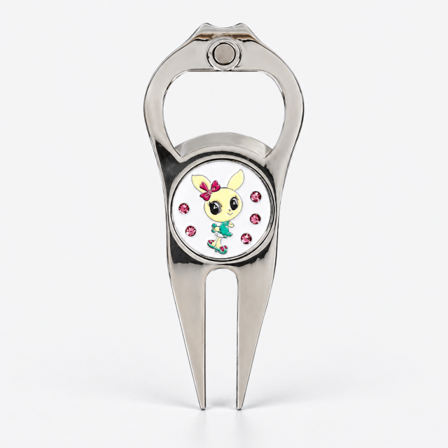 Custom golf divot tool with bottle opener and rabbit ball marker