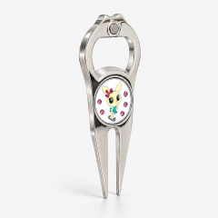 Metal golf divot tool with bottle opener and custom ball marker