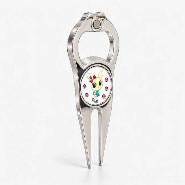 Metal golf divot tool with bottle opener and custom ball marker