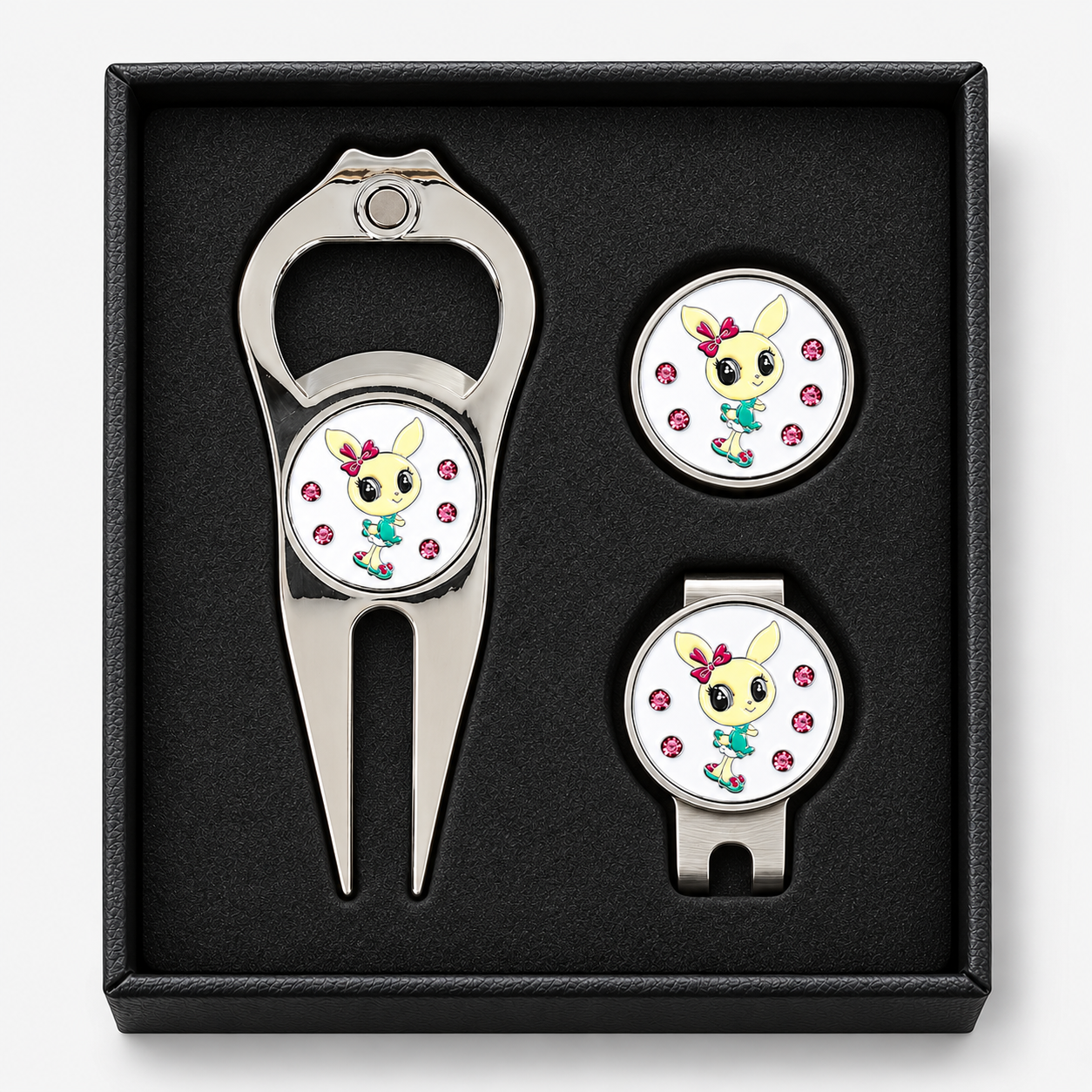 Golf divot tool bottle opener gift set with ball marker and hat clip