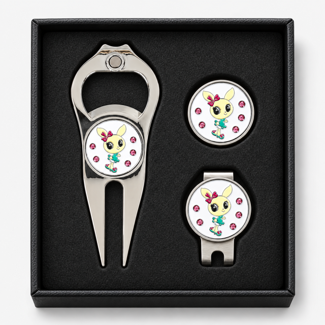 Golf divot tool bottle opener gift set with ball marker and hat clip