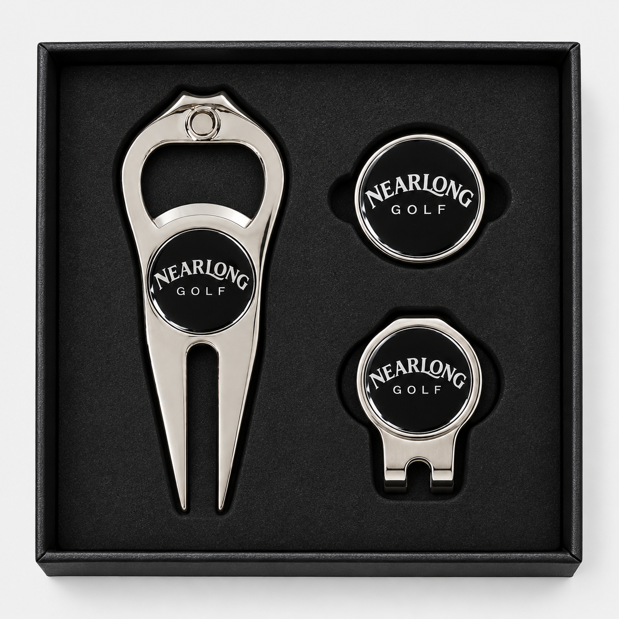 Golf divot multi tool gift set with ball marker and hat clip